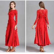 Women Hidden Zipper Flower Pattern Long Sleeves Ballroom Standard Waltz Dress Tango Costume Lace Dressing Gown - DancerInn