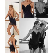 Women's V-Neck Fringe Latin Dance Dress with Ruched Waist Built-In Bra and Panties - DancerInn