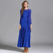 Women Hidden Zipper Flower Pattern Long Sleeves Ballroom Standard Waltz Dress Tango Costume Lace Dressing Gown - DancerInn