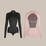 Black Dance Leotard - High Neck Long Sleeve Backless Latin Dance Bodysuit with Built-In Bra - DancerInn 