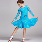 Latin Ballroom Dance Dresses for Girls with Lace Long Sleeves, Simple Neckline, and Invisible Zipper - DancerInn