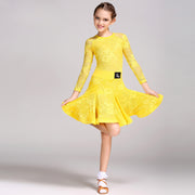Latin Ballroom Dance Dresses for Girls with Lace Long Sleeves, Simple Neckline, and Invisible Zipper - DancerInn