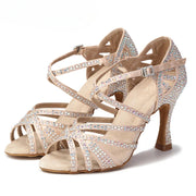 Rhinestone Latin Dance Shoes Women - Satin Lace-Up Soft Sole with Mid & High Heels - DancerInn 