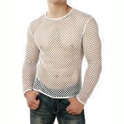 Mens Muscle Fit T Shirts - Mesh Fishnet See-Through Tee for Men with Breathable Long Sleeves Sexy Fitted for Dance Gym Workout - DancerInn 