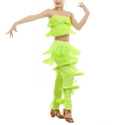 Girls Two Piece Multi-color Tassel Fringe Samba Salsa Ballroom Latin Dance Pants and Tops Dance Costume Set - DancerInn