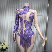 Embellished sheer mesh bodysuit fringe showgirl dance wear