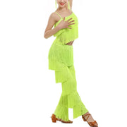 Girls Two Piece Multi-color Tassel Fringe Samba Salsa Ballroom Latin Dance Pants and Tops Dance Costume Set - DancerInn
