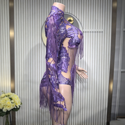 Sequin rhinestone fringe bodysuit sheer mesh stage show costume for women