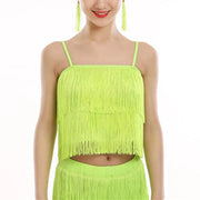 Girls Two Piece Multi-color Tassel Fringe Samba Salsa Ballroom Latin Dance Pants and Tops Dance Costume Set - DancerInn