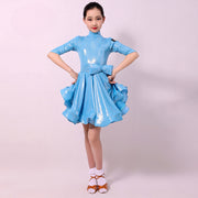 Ballroom and Latin Dance Dresses for Girls - High Neck, Mid-Sleeves, Back Zipper and Flowing Skirt - DancerInn 