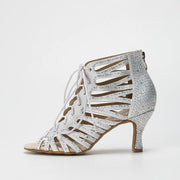 Latin Shoes for Ladies - Rhinestone Cutout Peep Toe High Heel Salsa Shoes Womens - DancerInn white / 10 53.76 Latin Dance Shoes