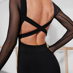 Leotards Long Sleeve - Black Dance Leotards With Built-In Bra & Mesh Cotton for Women Latin Salsa Rumba - DancerInn  - 33999269167287 - 33999269167287