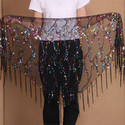 Belt for Belly Dance - Beaded  Belly Dancer Hip Scarf with Coins, Fringe, and Triangle Design - DancerInn Multicolor-One-size