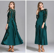 Women Hidden Zipper Flower Pattern Long Sleeves Ballroom Standard Waltz Dress Tango Costume Lace Dressing Gown - DancerInn