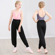 Girls Wide Leg Pants - Black Kids Harem Pants with High Elastic Waist Soft Comfortable Breathable Cotton for Dance Yoga & Sports - DancerInn