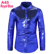 70s Disco Shirt Mens Performance Shirt – Shiny Sequin Long Sleeve Latin Ballroom Top for Party, Dance, Nightclub & Stage - DancerInn A45-Royal-Blue-XXL