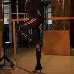 Latina Yoga Pants - High Waist Black Dancing Pants Woven Hollow Out for Samba Tango Rumba - DancerInn Black / XS 45.73