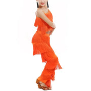Girls Two Piece Multi-color Tassel Fringe Samba Salsa Ballroom Latin Dance Pants and Tops Dance Costume Set - DancerInn