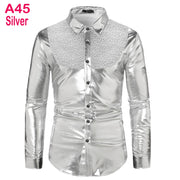 70s Disco Shirt Mens Performance Shirt – Shiny Sequin Long Sleeve Latin Ballroom Top for Party, Dance, Nightclub & Stage - DancerInn A45-Silver-XXL