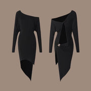 Latin Ballroom Dresses - Black Dress for Dance with One Shoulder Bell Sleeves for Samba Tango Rumba - DancerInn Latin Dance Dresses 