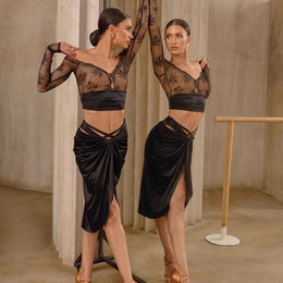 Midi Skirts Dance – Vintage Ruched Satin Latina Short Skirt for Salsa, Samba, Rumba Practice - DancerInn 48.05 black / L