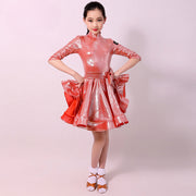 Ballroom and Latin Dance Dresses for Girls - High Neck, Mid-Sleeves, Back Zipper and Flowing Skirt - DancerInn Pink / 3XL