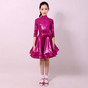 Ballroom and Latin Dance Dresses for Girls - High Neck, Mid-Sleeves, Back Zipper and Flowing Skirt - DancerInn Purple / 3XL