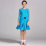 Latin Ballroom Dance Dresses for Girls with Lace Long Sleeves, Simple Neckline, and Invisible Zipper - DancerInn