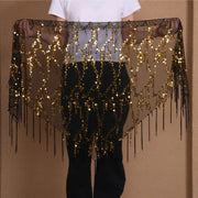 Belt for Belly Dance - Beaded  Belly Dancer Hip Scarf with Coins, Fringe, and Triangle Design - DancerInn Black-gold-One-size