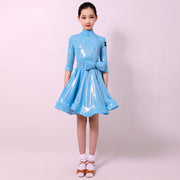 Ballroom and Latin Dance Dresses for Girls - High Neck, Mid-Sleeves, Back Zipper and Flowing Skirt - DancerInn Blue / 3XL