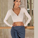 Dance Tops For Ladies - Long Sleeve Dance Top with Wrap V-neck Lace-up Design for Latin Salsa Rumba Samba - DancerInn  - 33963146150071 - 33963146150071