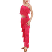 Girls Two Piece Multi-color Tassel Fringe Samba Salsa Ballroom Latin Dance Pants and Tops Dance Costume Set - DancerInn