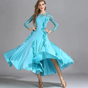 Women Hidden Zipper Flower Pattern Long Sleeves Ballroom Standard Waltz Dress Tango Costume Lace Dressing Gown - DancerInn