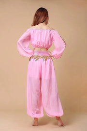 Stylish Indian Belly Dance Set Chiffon Long Sleeves Top and Lantern Coins Pants - DancerInn