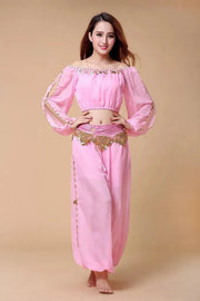 Stylish Indian Belly Dance Set Chiffon Long Sleeves Top and Lantern Coins Pants - DancerInn