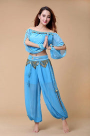 Stylish Indian Belly Dance Set Chiffon Long Sleeves Top and Lantern Coins Pants - DancerInn
