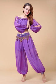 Stylish Indian Belly Dance Set Chiffon Long Sleeves Top and Lantern Coins Pants - DancerInn