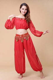 Stylish Indian Belly Dance Set Chiffon Long Sleeves Top and Lantern Coins Pants - DancerInn