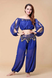 Stylish Indian Belly Dance Set Chiffon Long Sleeves Top and Lantern Coins Pants - DancerInn