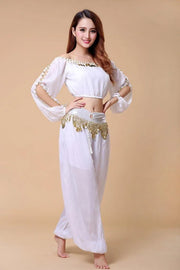 Stylish Indian Belly Dance Set Chiffon Long Sleeves Top and Lantern Coins Pants - DancerInn
