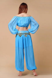 Stylish Indian Belly Dance Set Chiffon Long Sleeves Top and Lantern Coins Pants - DancerInn