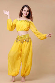 Stylish Indian Belly Dance Set Chiffon Long Sleeves Top and Lantern Coins Pants - DancerInn