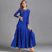 Women Hidden Zipper Flower Pattern Long Sleeves Ballroom Standard Waltz Dress Tango Costume Lace Dressing Gown - DancerInn