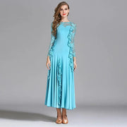 Women Hidden Zipper Flower Pattern Long Sleeves Ballroom Standard Waltz Dress Tango Costume Lace Dressing Gown - DancerInn