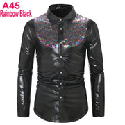 70s Disco Shirt Mens Performance Shirt – Shiny Sequin Long Sleeve Latin Ballroom Top for Party, Dance, Nightclub & Stage - DancerInn A45-Rainbow-Black-XXL
