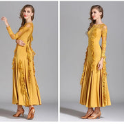 Women Hidden Zipper Flower Pattern Long Sleeves Ballroom Standard Waltz Dress Tango Costume Lace Dressing Gown - DancerInn