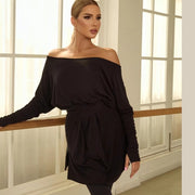 Dance Latin Dresses - Off Shoulder Ballroom Practice Dress with Waist-Tie for Salsa Samba Rumba - DancerInn  Black / M 53.48