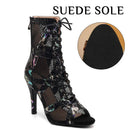 Sandalen met luipaardprint en hoge hak - Dansschoenen voor dames met hakken voor Latijns-Amerikaanse jazz, tango, salsa en paaldansen - Zwart | Suède zool / 7 / 4,33 inch / 11 cm