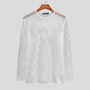 Mens Muscle Fit T Shirts - Mesh Fishnet See-Through Tee for Men with Breathable Long Sleeves Sexy Fitted for Dance Gym Workout - DancerInn White-5XL