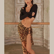 atina Skirt - Salsa Dance Skirts with Irregular Slit Scarf Black Leopard Print for Samba Rumba Belly Dancing - DancerInn 